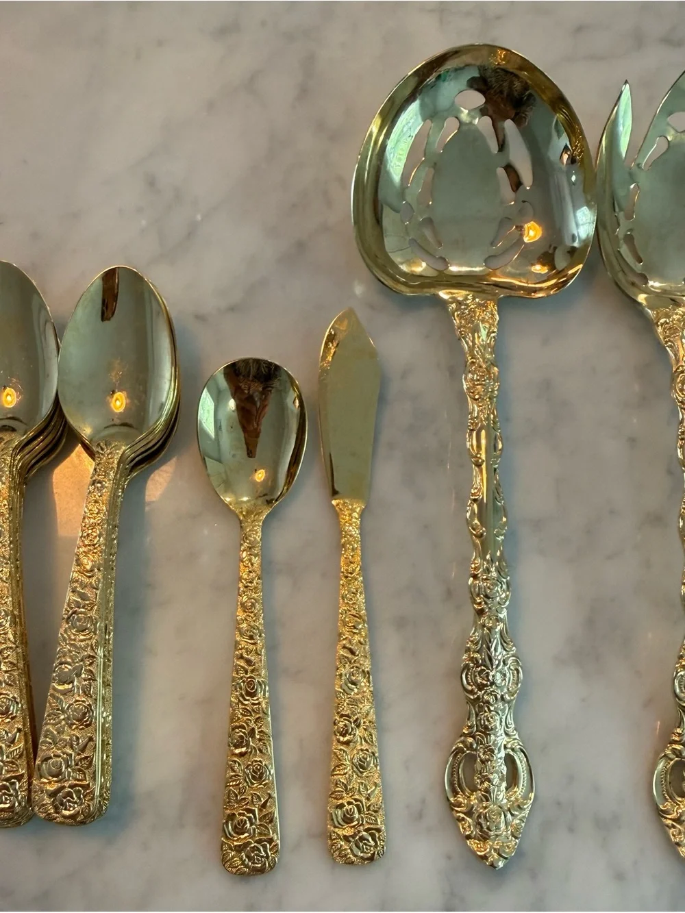 Cellini Romanesque 52 piece GOLD flatware set ROSE pattern For 8 + extra Srv Pcs
